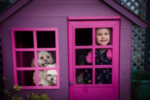 playhouse child playing with dogs