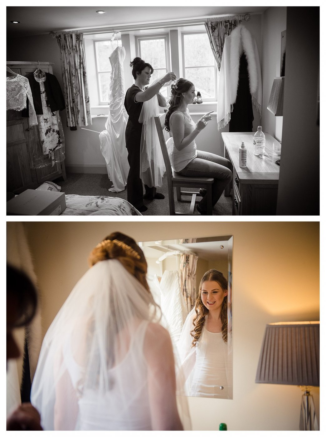 bride getting ready in hotel room silhouette pic