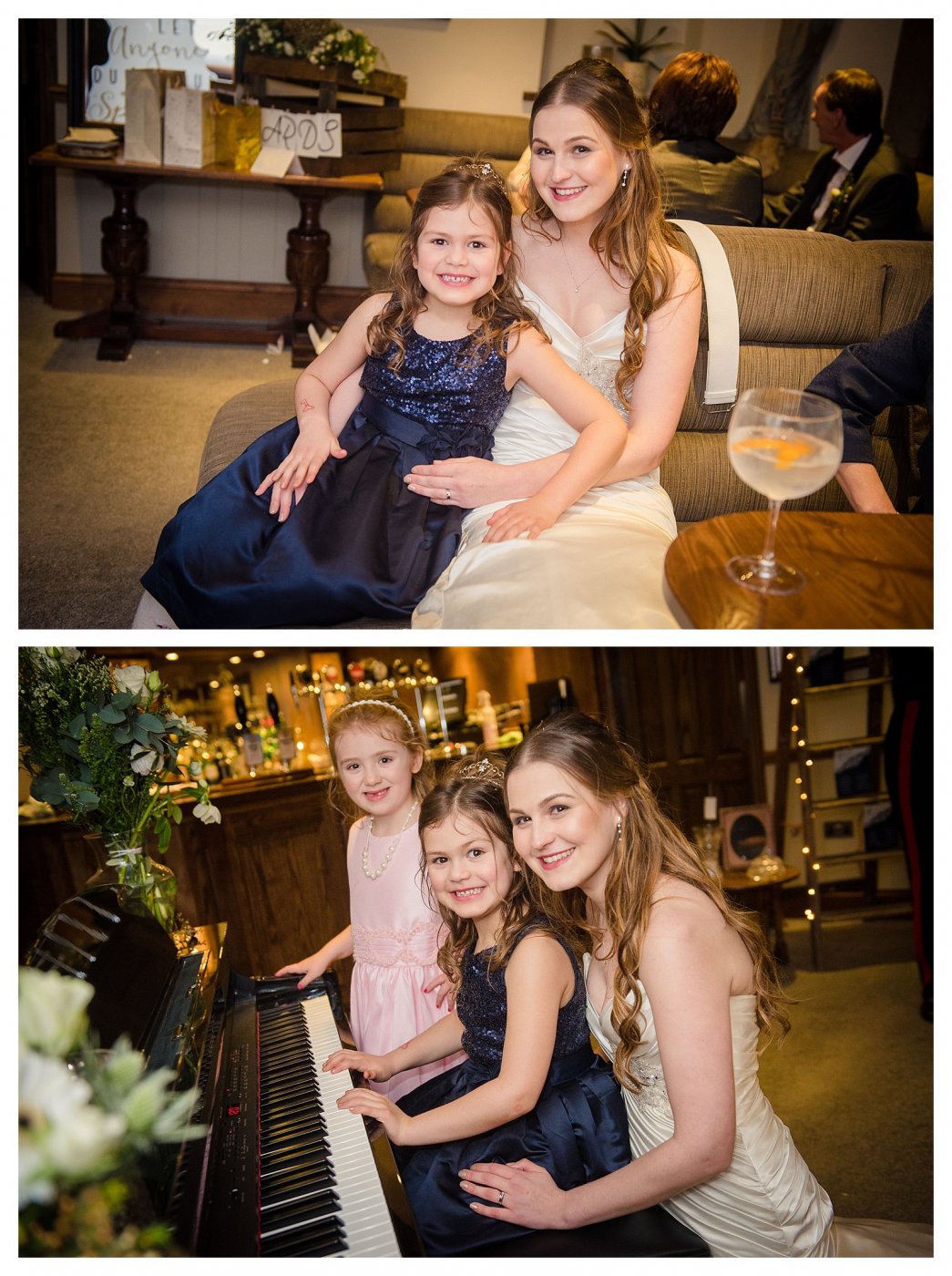 playing the piano with two flower girls