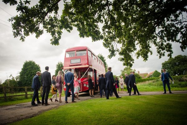 wedding bus and guests