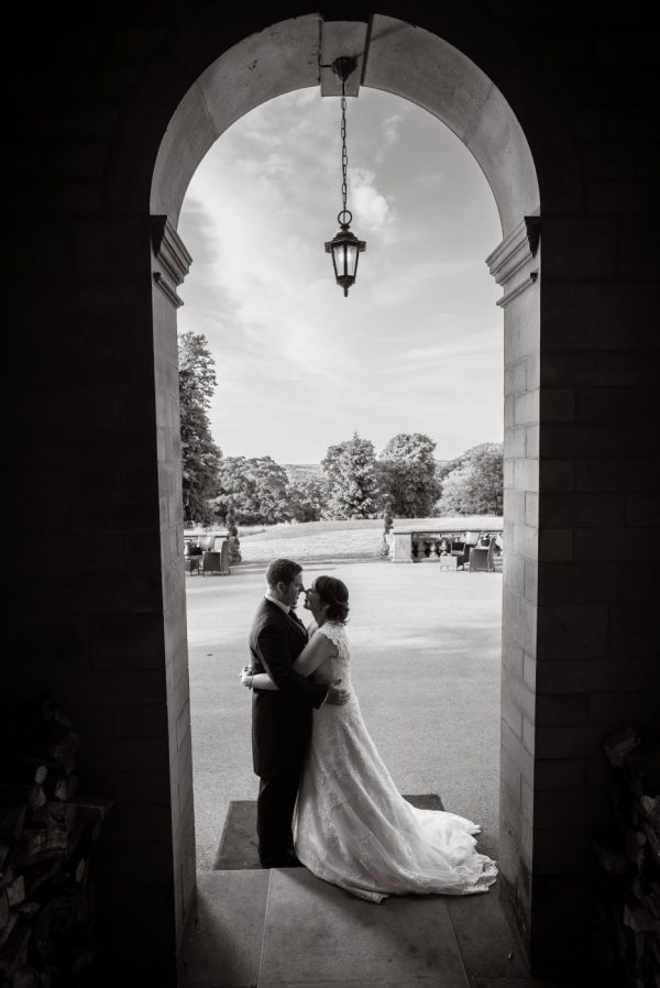 black and white silhouette of newlyweds at bagden hall