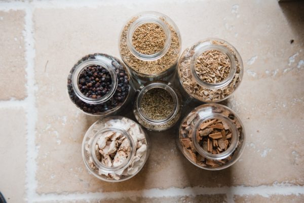 botanicals in jars viewed from above