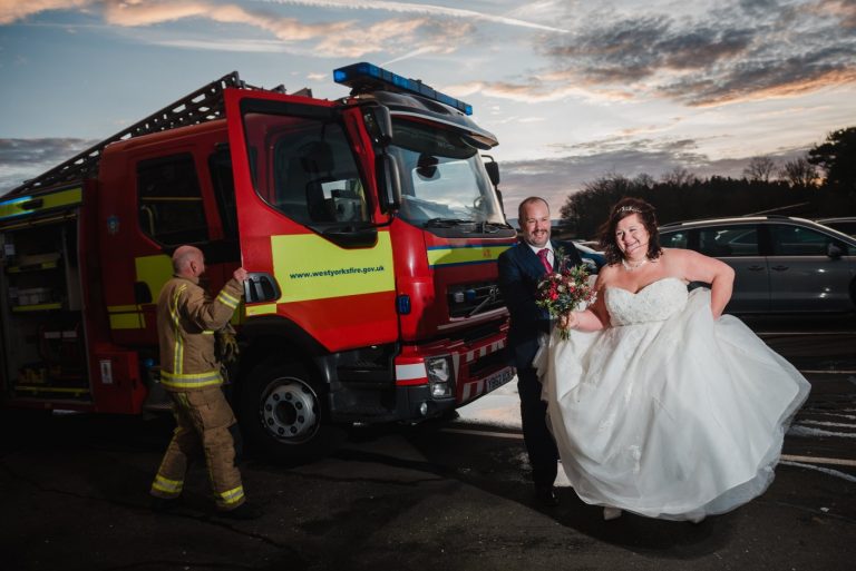 bride and groom fire engine