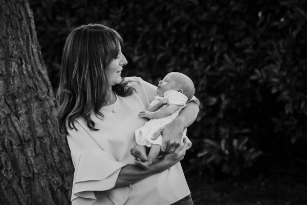 black and white portrait of mum and baby