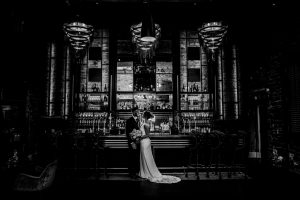 black and white image of the bar at the wedding venue